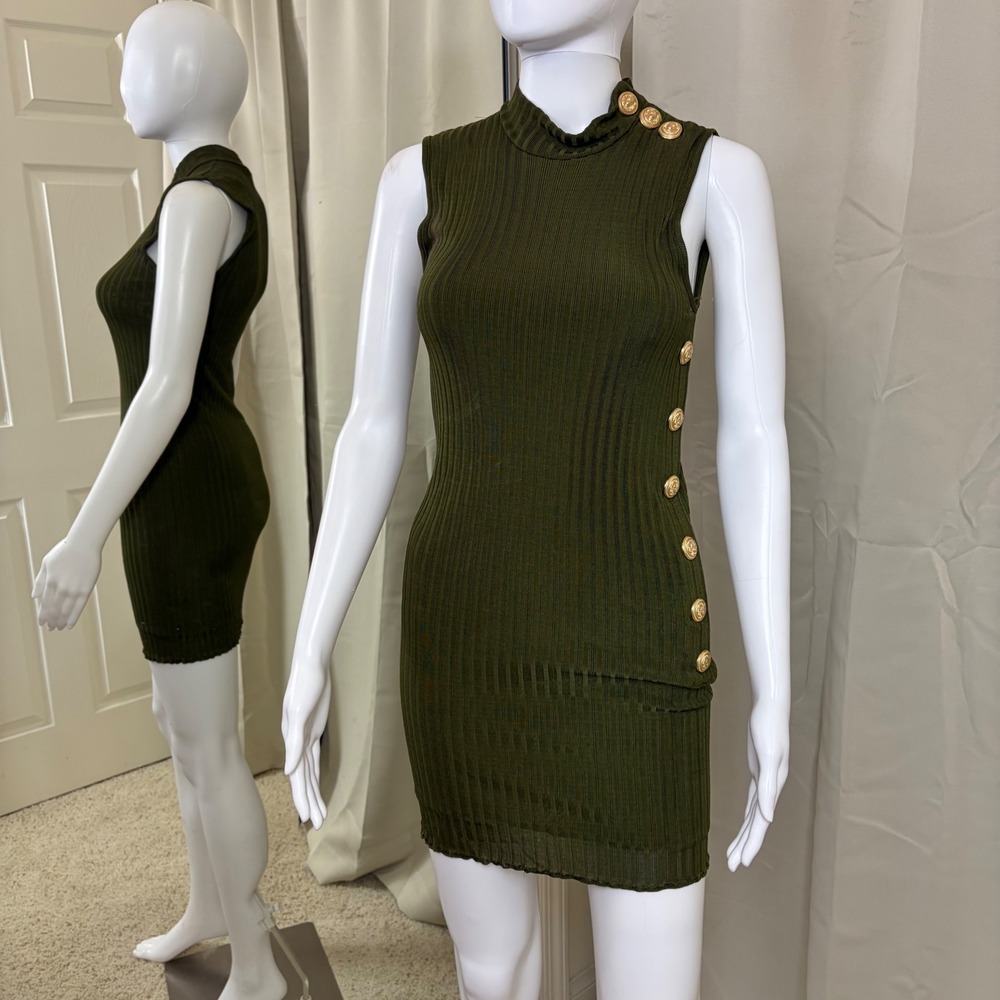 Balmain Paris Olive Green Ribbed Knit Button Mini Dress Mock Neck Size 34 France